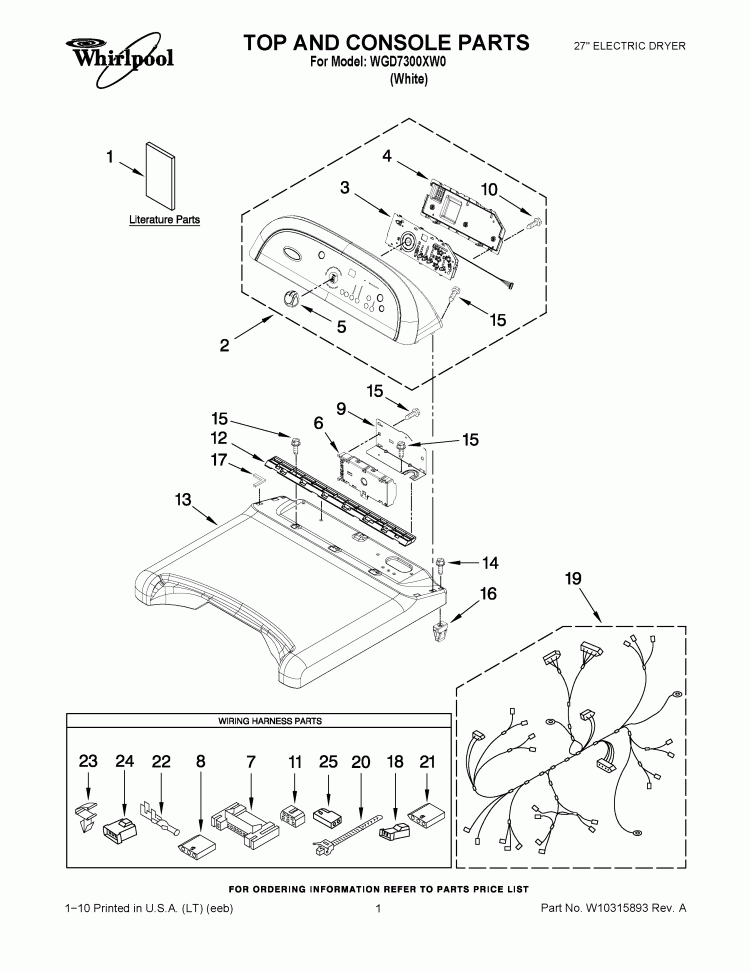 TOP AND CONSOLE PARTS Diagram and Parts List for WGD7300XW0  Whirlpool Dryer