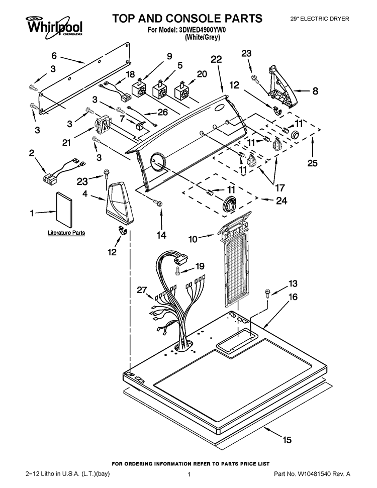 TOP AND CONSOLE PARTS Diagram and Parts List for 3DWED4900YW0  Whirlpool Dryer