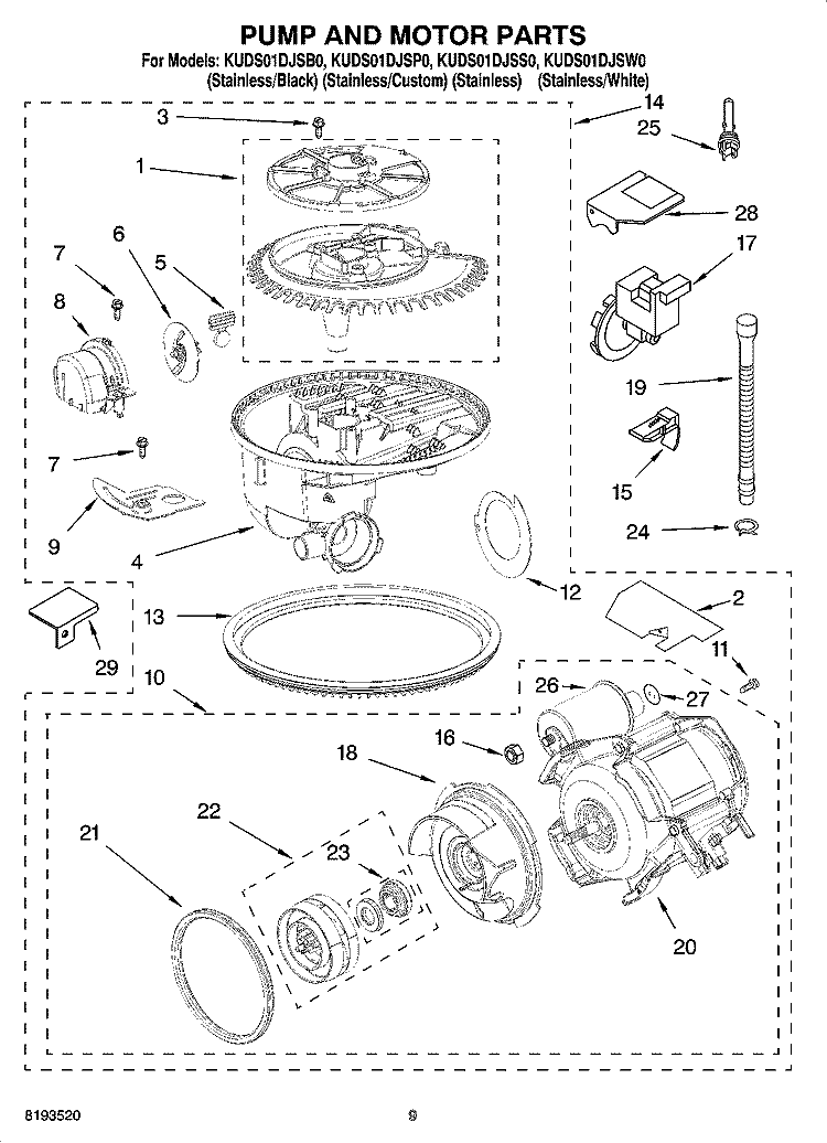 PUMP AND MOTOR PARTS Diagram and Parts List for KUDS01DJSP0  KitchenAid Dishwasher