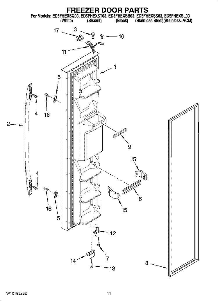 FREEZER DOOR PARTS Diagram and Parts List for ED5FHEXSB03  Whirlpool Refrigerator