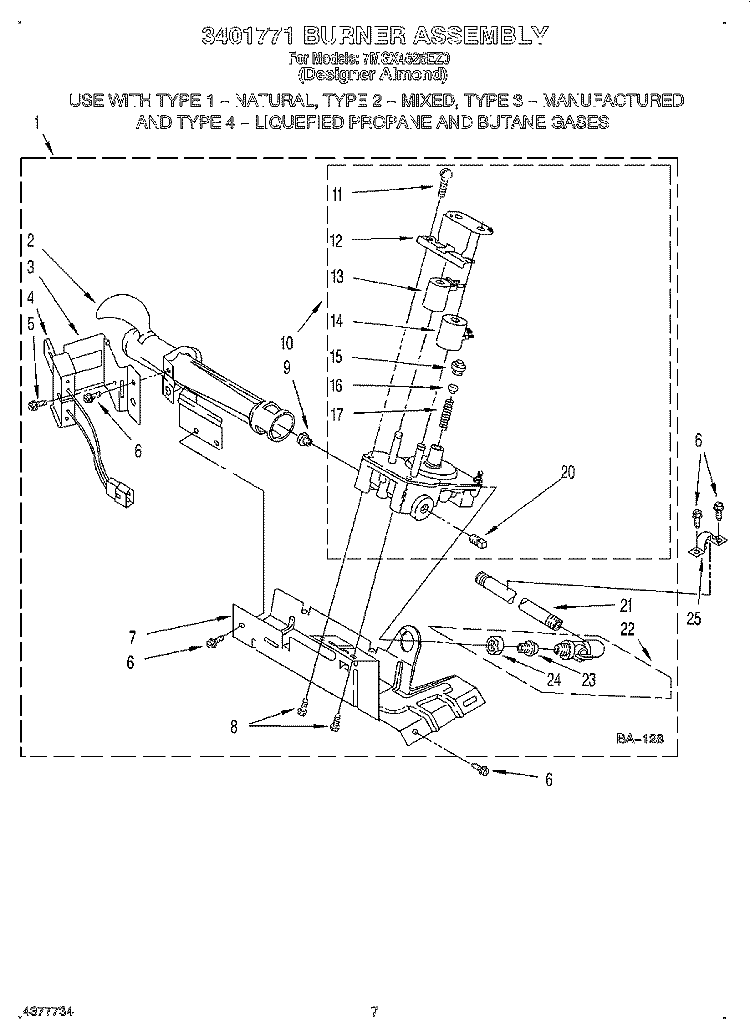 3401771 BURNER ASSEMBLY Diagram and Parts List for 7MGX4626EZ0  Whirlpool Dryer