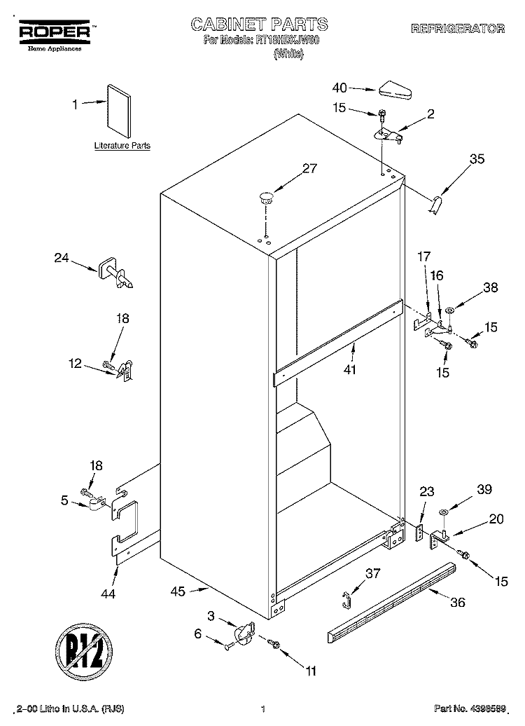 CABINET, LITERATURE Diagram and Parts List for RT18HDXJW00  Roper Refrigerator