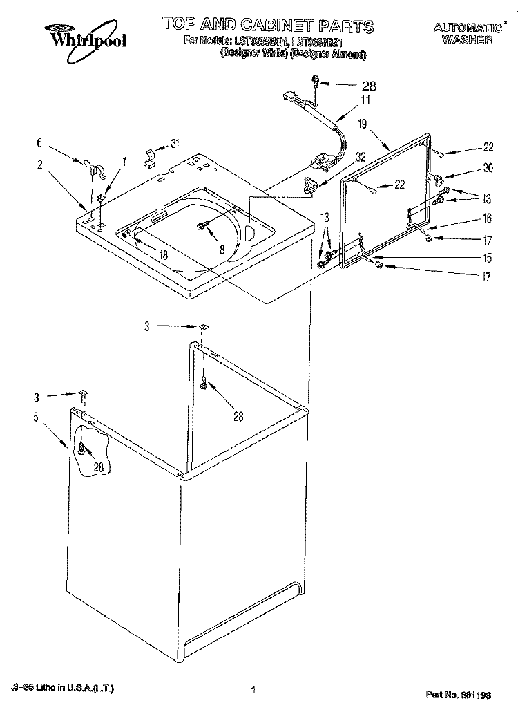 TOP AND CABINET, LIT/OPTIONAL Diagram and Parts List for LST9355BQ1  Whirlpool Washer