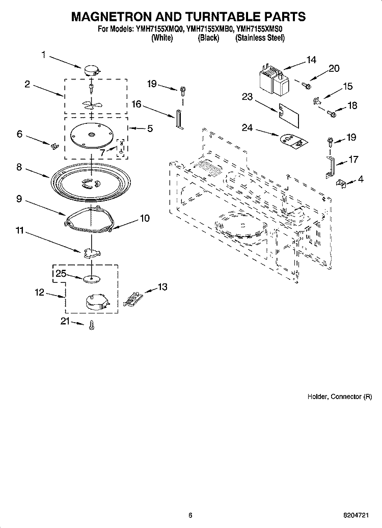 MAGNETRON AND TURNTABLE PARTS Diagram and Parts List for YMH7155XMQ0  Whirlpool Microwave