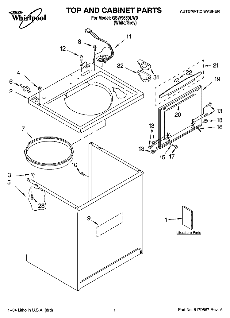 TOP AND CABINET PARTS Diagram and Parts List for GSW9650LW0  Whirlpool Washer