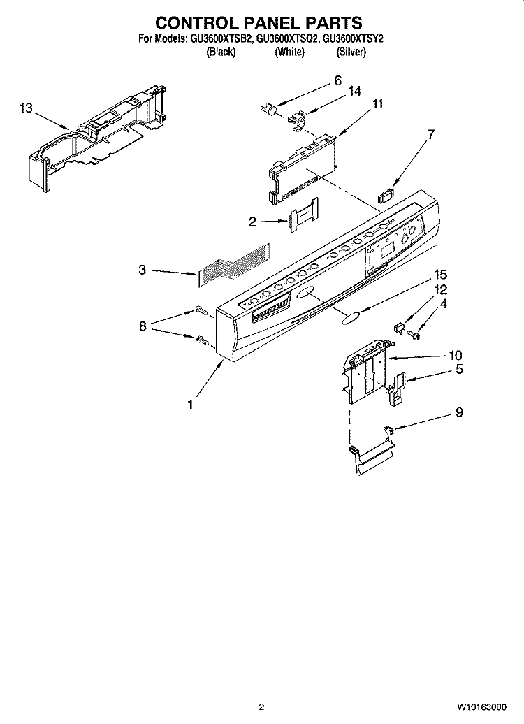 CONTROL PANEL PARTS Diagram and Parts List for GU3600XTSY2  Whirlpool Dishwasher