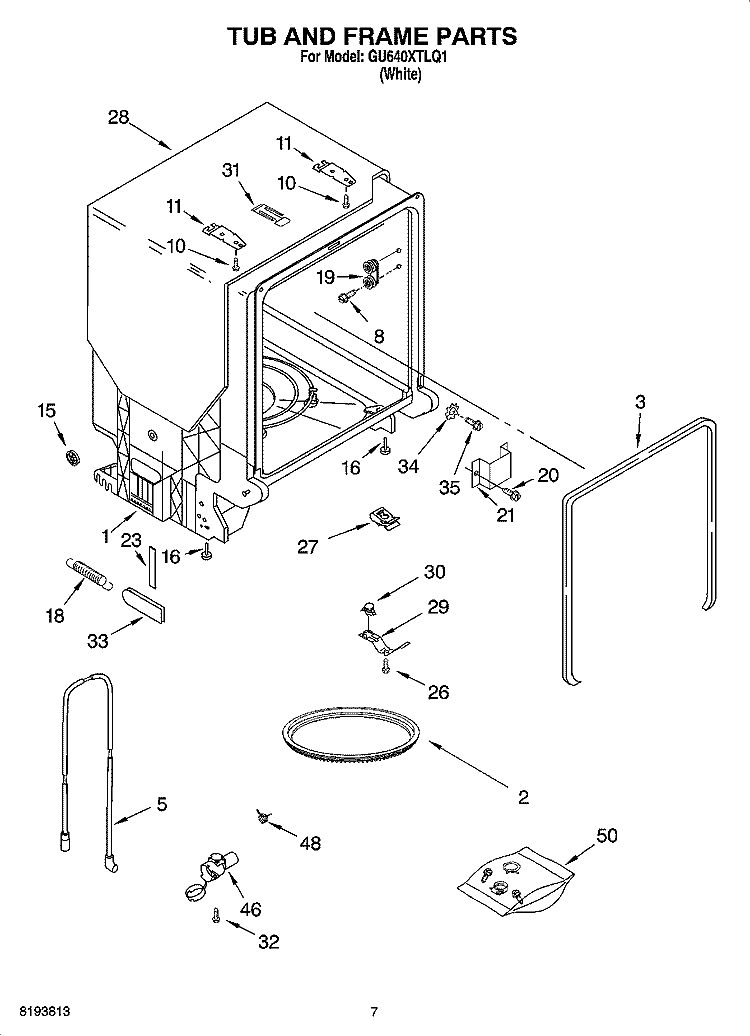 TUB AND FRAME PARTS Diagram and Parts List for GU640XTLQ1  Whirlpool Dishwasher