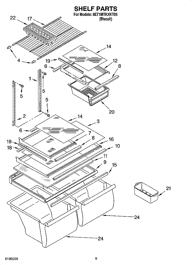 SHELF PARTS, OPTIONAL PARTS Diagram and Parts List for 8ET1MTKXKT05  Whirlpool Refrigerator