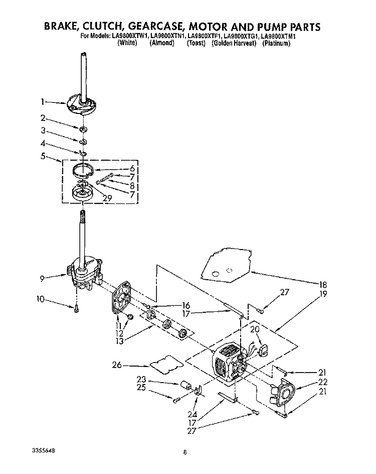 BRAKE, CLUTCH, GEARCASE, MOTOR AND PUMP Diagram and Parts List for LA9800XTW1  Whirlpool Washer