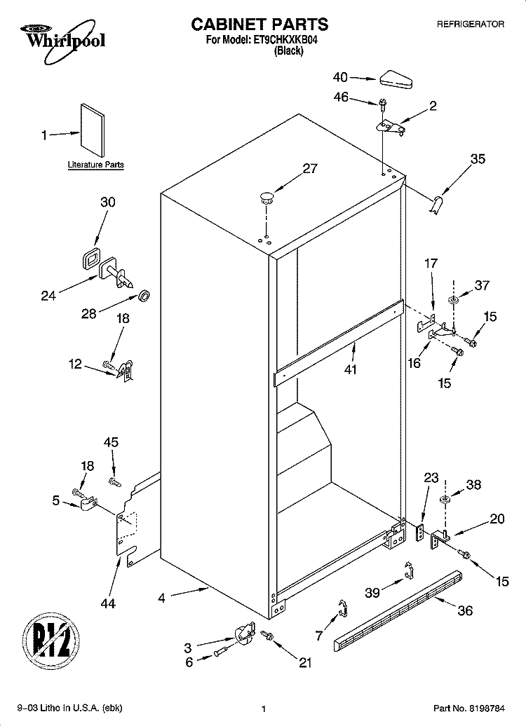 CABINET PARTS Diagram and Parts List for ET9CHKXKB04  Whirlpool Refrigerator