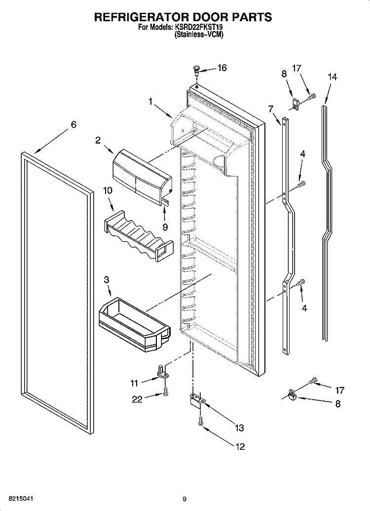 REFRIGERATOR DOOR PARTS Diagram and Parts List for KSRD22FKST19  KitchenAid Refrigerator