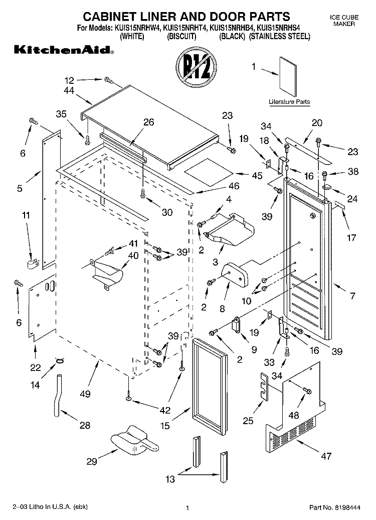 CABINET LINER AND DOOR PARTS Diagram and Parts List for KUIS15NRHW4  KitchenAid Ice Maker