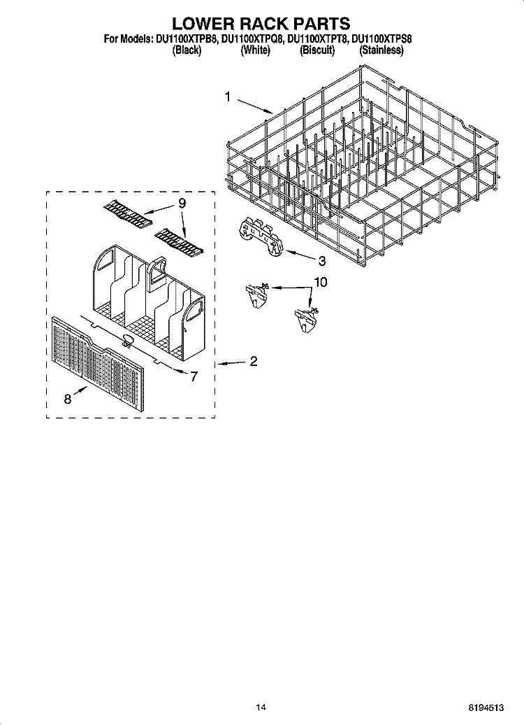 LOWER RACK PARTS, OPTIONAL PARTS (NOT INCLUDED) Diagram and Parts List for DU1100XTPB8  Whirlpool Dishwasher