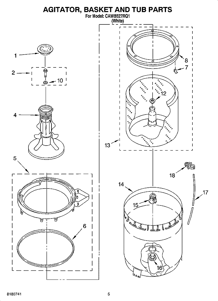 AGITATOR, BASKET AND TUB PARTS Diagram and Parts List for CAWB527RQ1  Crosley Washer