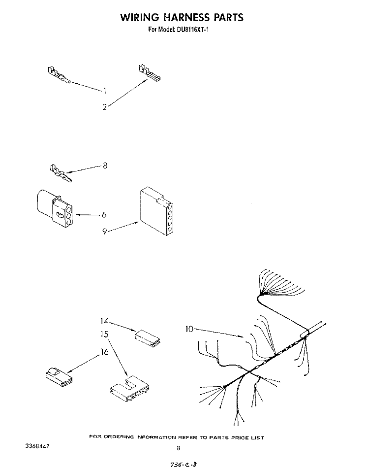 WIRING HARNESS Diagram and Parts List for DU8116XT1  Whirlpool Dishwasher