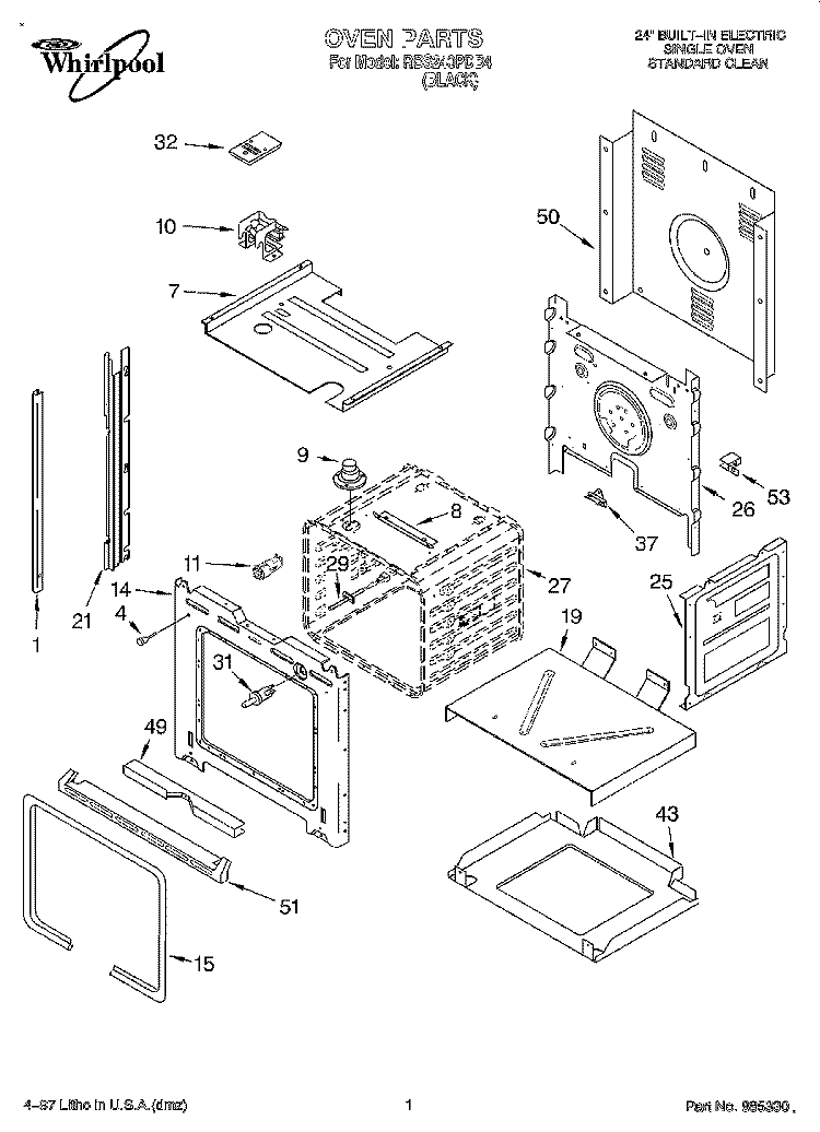 OVEN Diagram and Parts List for RBS240PDB4  Whirlpool Wall Oven