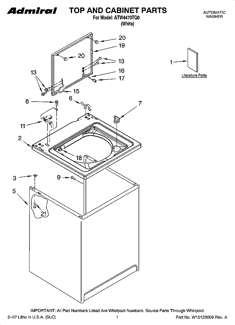 TOP AND CABINET PARTS Diagram and Parts List for ATW4470TQ0  Whirlpool Washer