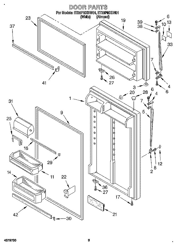 DOOR Diagram and Parts List for ET20PMXDN01  Whirlpool Refrigerator