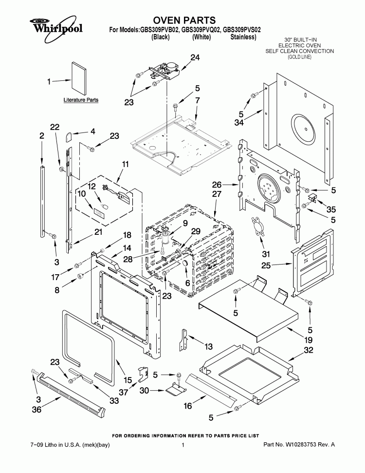 OVEN PARTS Diagram and Parts List for GBS309PVB02  Whirlpool Wall Oven
