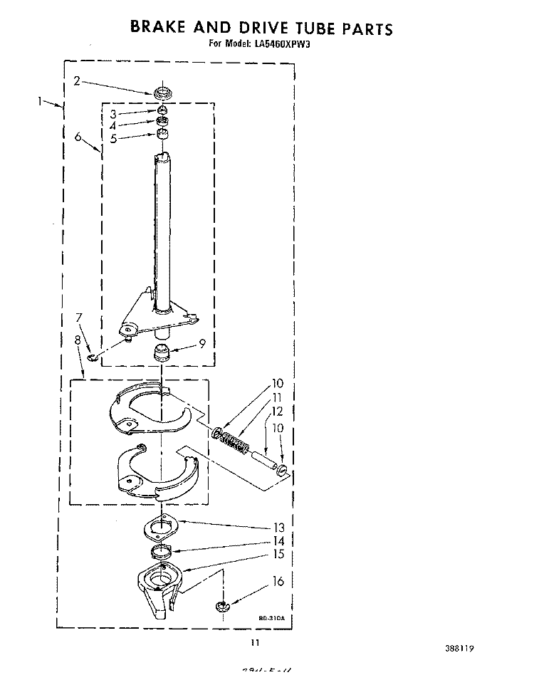 BRAKE AND DRIVE TUB Diagram and Parts List for LA5460XPW3  Whirlpool Washer