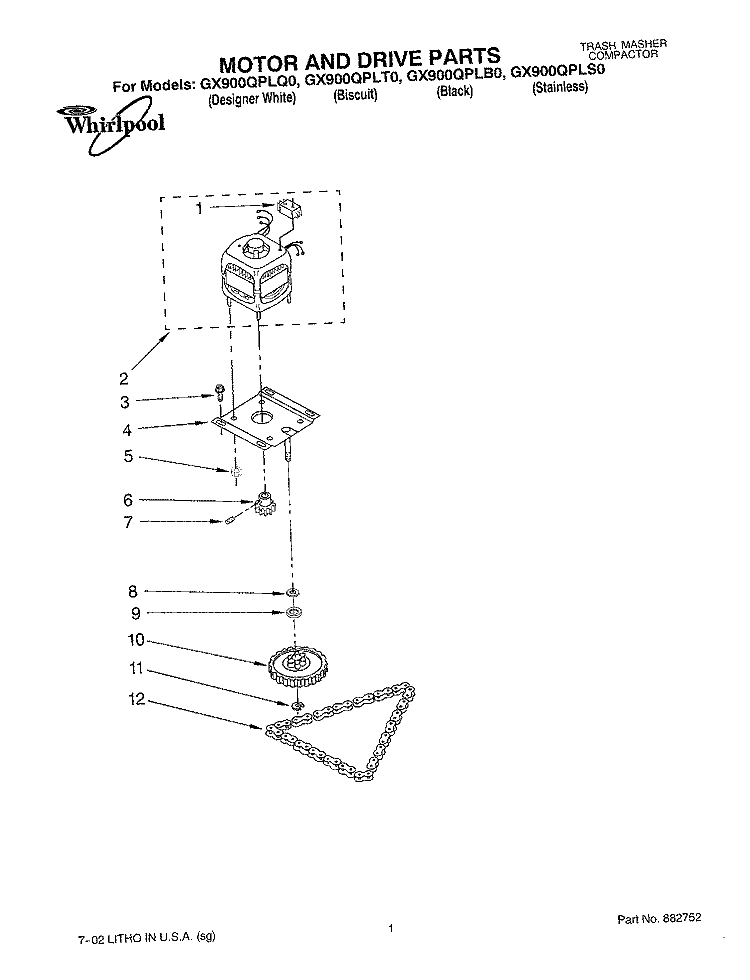 MOTOR AND DRIVE, LITERATURE Diagram and Parts List for GX900QPLB0  Whirlpool Trash Compactor