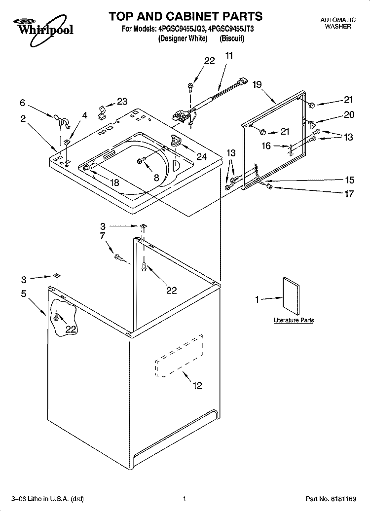 TOP AND CABINET PARTS Diagram and Parts List for 4PGSC9455JQ3  Whirlpool Washer
