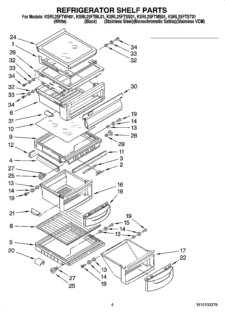 REFRIGERATOR SHELF PARTS Diagram and Parts List for KSRL25FTSS01  KitchenAid Refrigerator