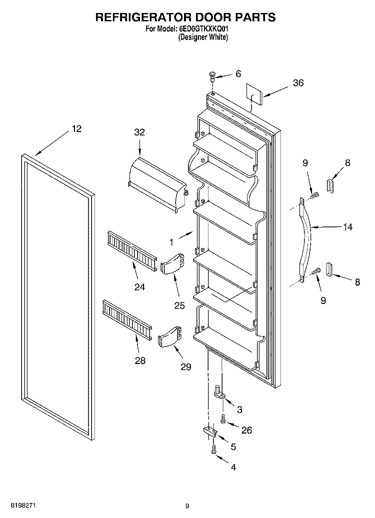 REFRIGERATOR DOOR Diagram and Parts List for 6ED0GTKXKQ01  Whirlpool Refrigerator