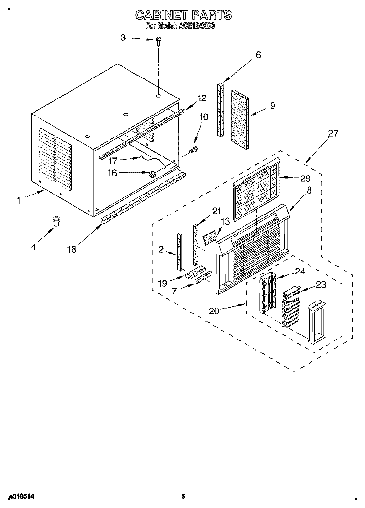 CABINET Diagram and Parts List for ACE124XD0  Whirlpool Air Conditioner
