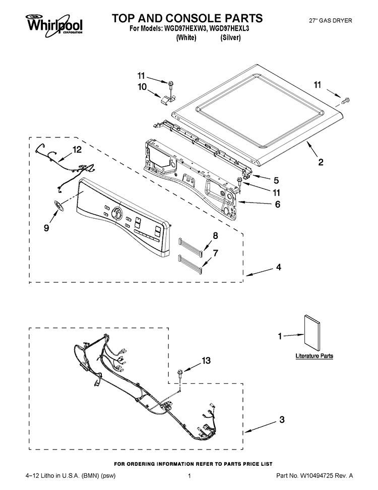 TOP AND CONSOLE PARTS Diagram and Parts List for WGD97HEXL3  Whirlpool Dryer