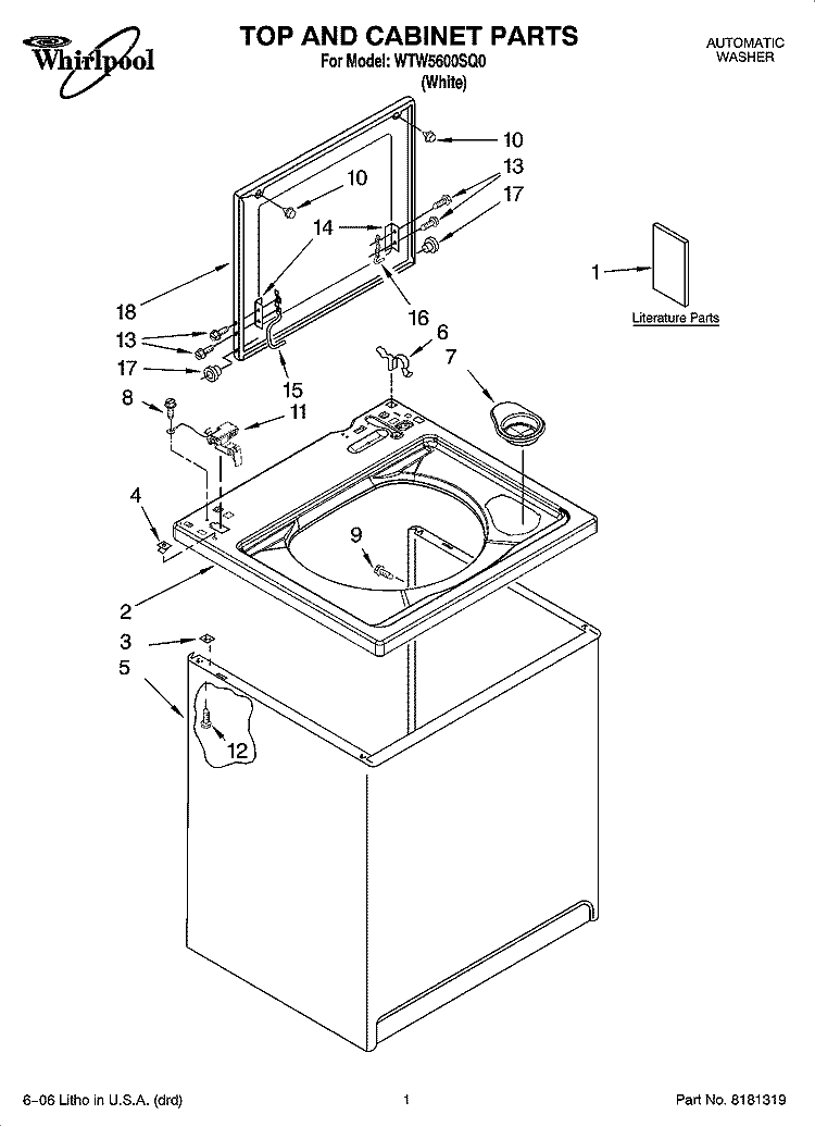 TOP AND CABINET PARTS Diagram and Parts List for WTW5600SQ0  Whirlpool Washer