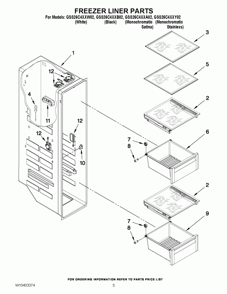 FREEZER LINER PARTS Diagram and Parts List for GSS26C4XXA02  Whirlpool Refrigerator