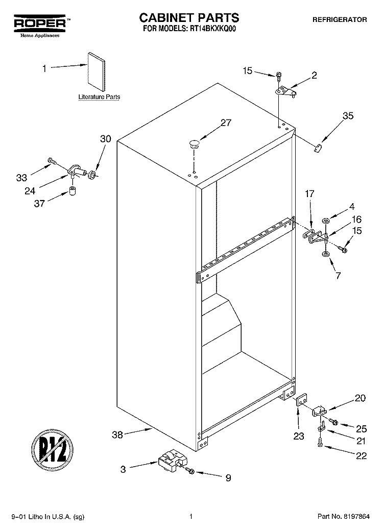 CABINET, LITERATURE Diagram and Parts List for RT14BKXKQ00  Roper Refrigerator