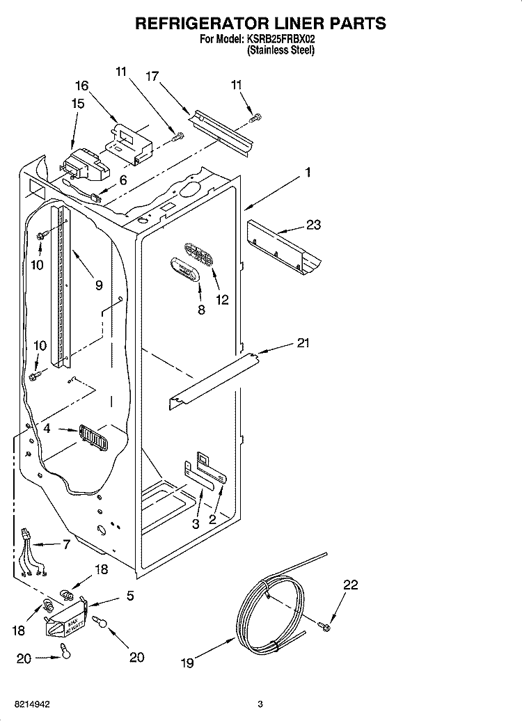 REFRIGERATOR LINER PARTS Diagram and Parts List for KSRB25FRBX02  KitchenAid Refrigerator