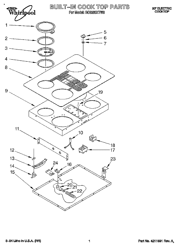 SECTION Diagram and Parts List for RC8330XTB0  Whirlpool Cooktop