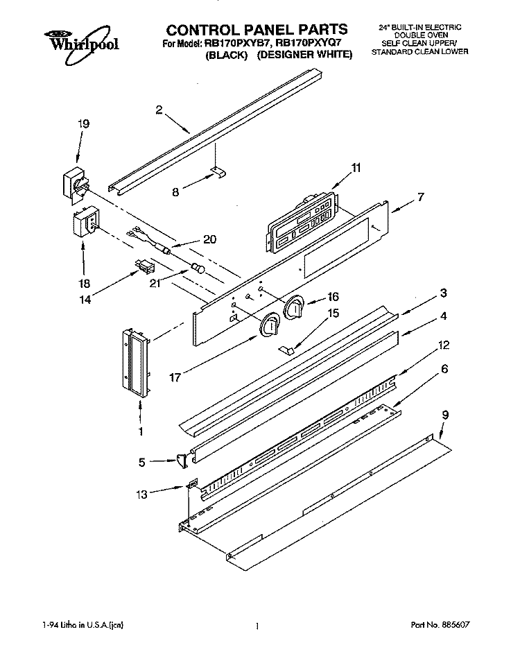CONTROL PANEL, LITERATURE Diagram and Parts List for RB170PXYB7  Whirlpool Wall Oven