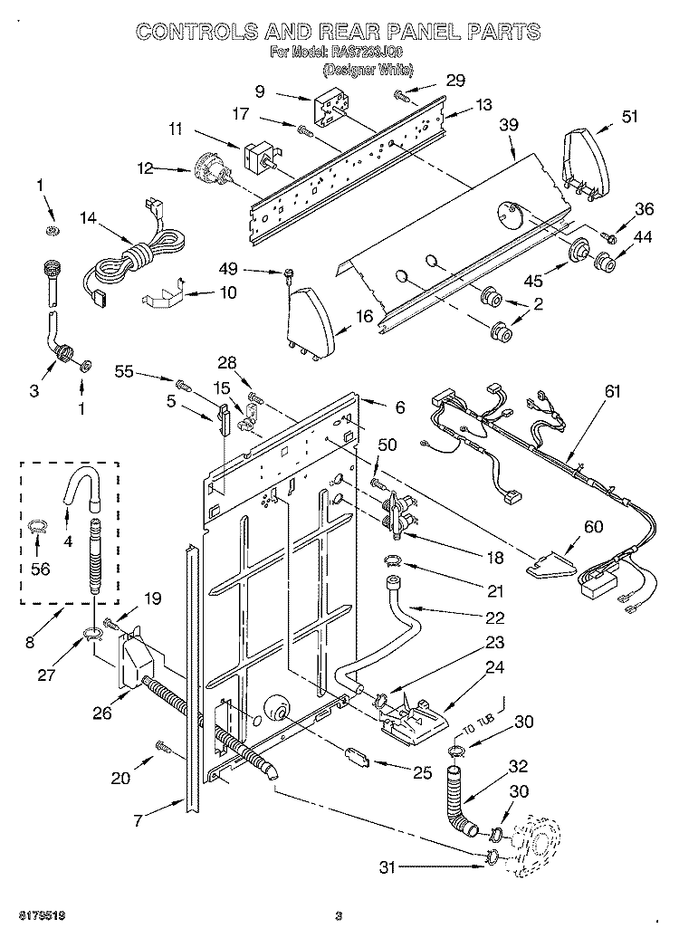 CONTROLS AND REAR PANEL Diagram and Parts List for RAS7233JQ0  Roper Washer