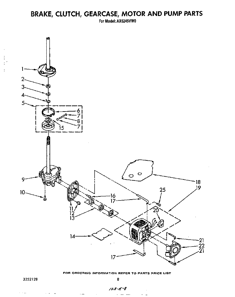 BRAKE, CLUTCH, GEARCASE, MOTOR AND PUMP Diagram and Parts List for AX6245VL0  Whirlpool Washer