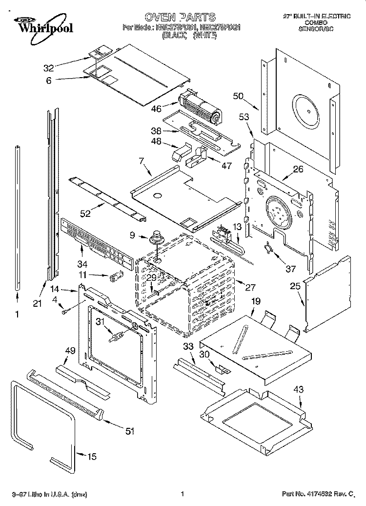 OVEN Diagram and Parts List for RMC275PDB1  Whirlpool Microwave Oven Combo