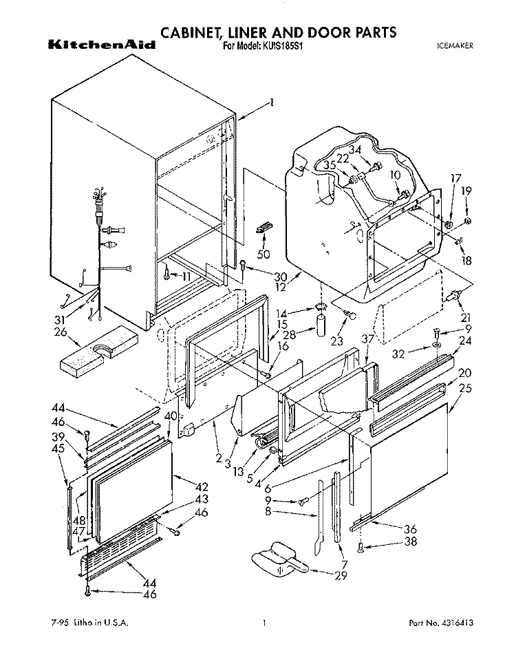 CABINET, LINER AND DOOR, LITERATURE Diagram and Parts List for KUIS185S1  KitchenAid Ice Maker