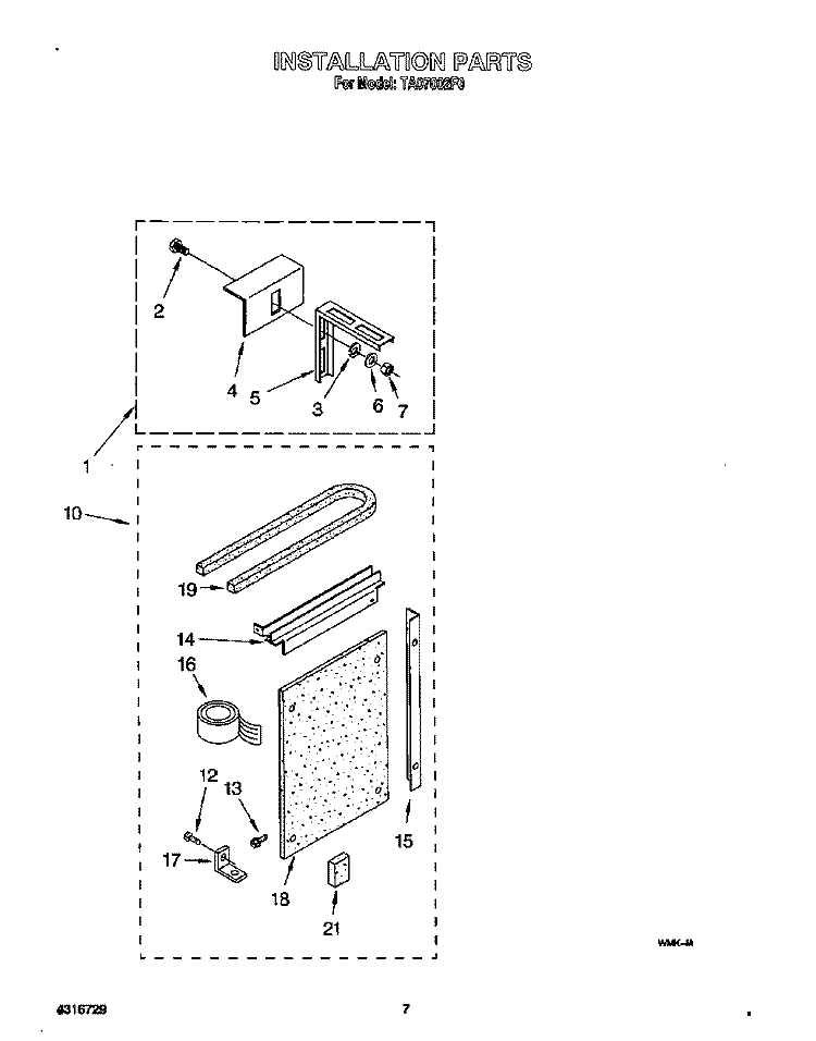 INSTALLATION Diagram and Parts List for TA07002F0  Whirlpool Air Conditioner
