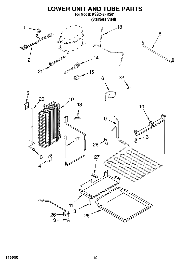LOWER UNIT AND TUBE PARTS Diagram and Parts List for KSSC42FMS01  KitchenAid Refrigerator