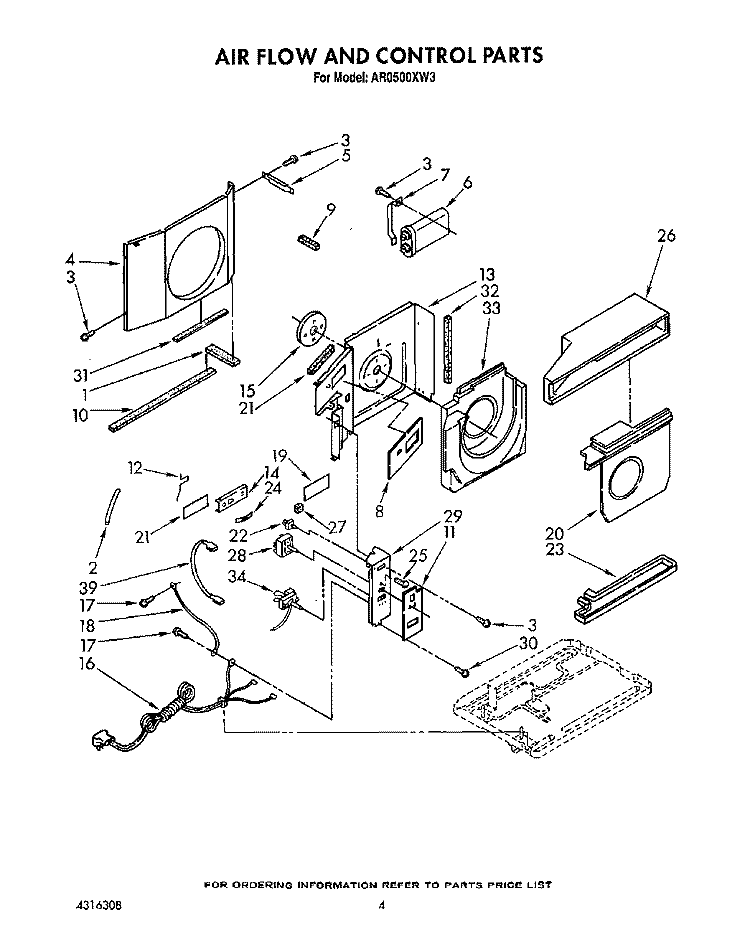 AIRFLOW AND CONTROL Diagram and Parts List for AR0500XW3  Whirlpool Air Conditioner