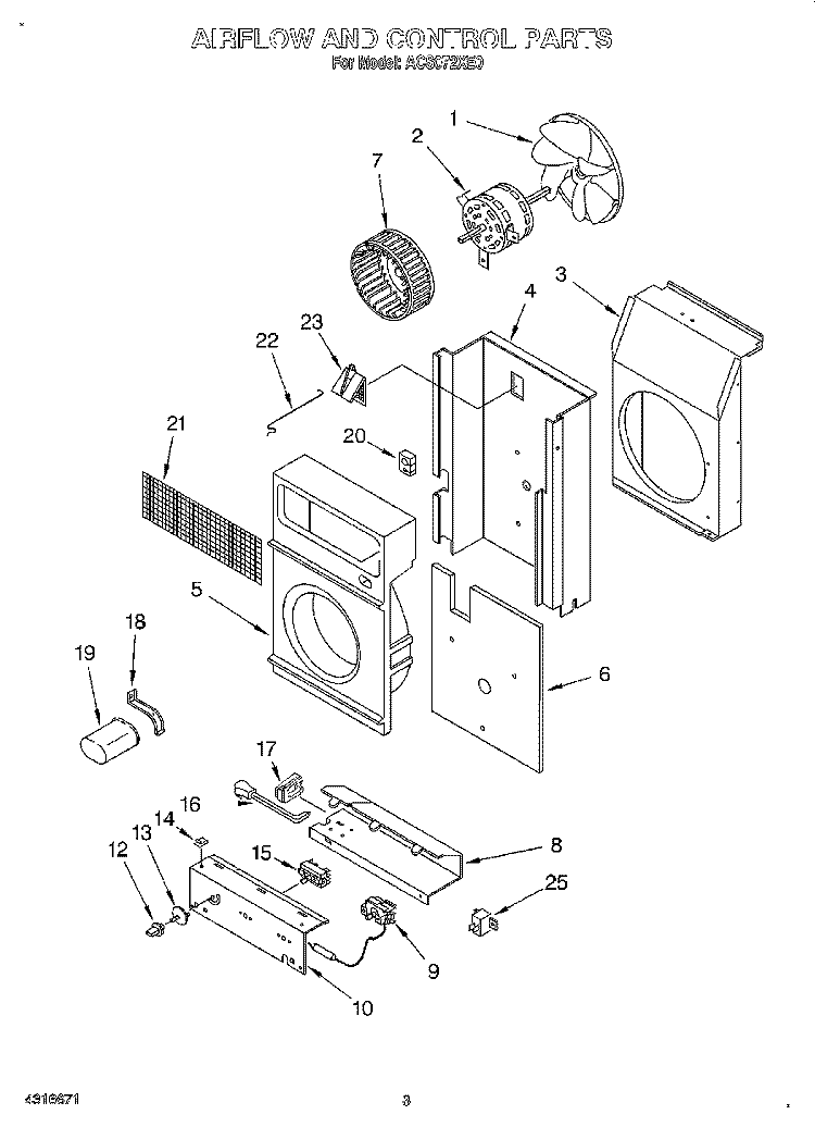 AIRFLOW AND CONTROL Diagram and Parts List for ACS072XE0  Whirlpool Air Conditioner