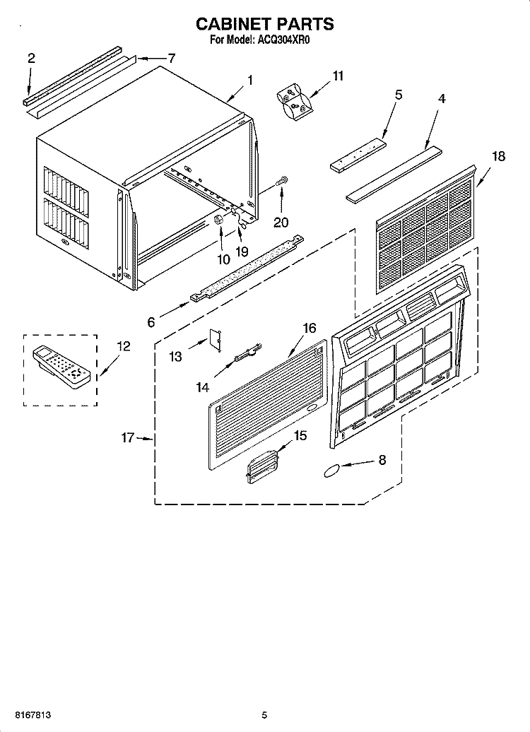CABINET PARTS Diagram and Parts List for ACQ304XR0  Whirlpool Air Conditioner