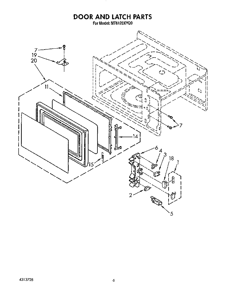 DOOR AND LATCH Diagram and Parts List for MT6120XYQ0  Whirlpool Microwave