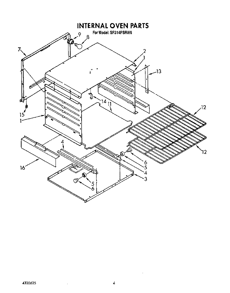 INTERNAL OVEN Diagram and Parts List for SF314PSRW6  Whirlpool Range