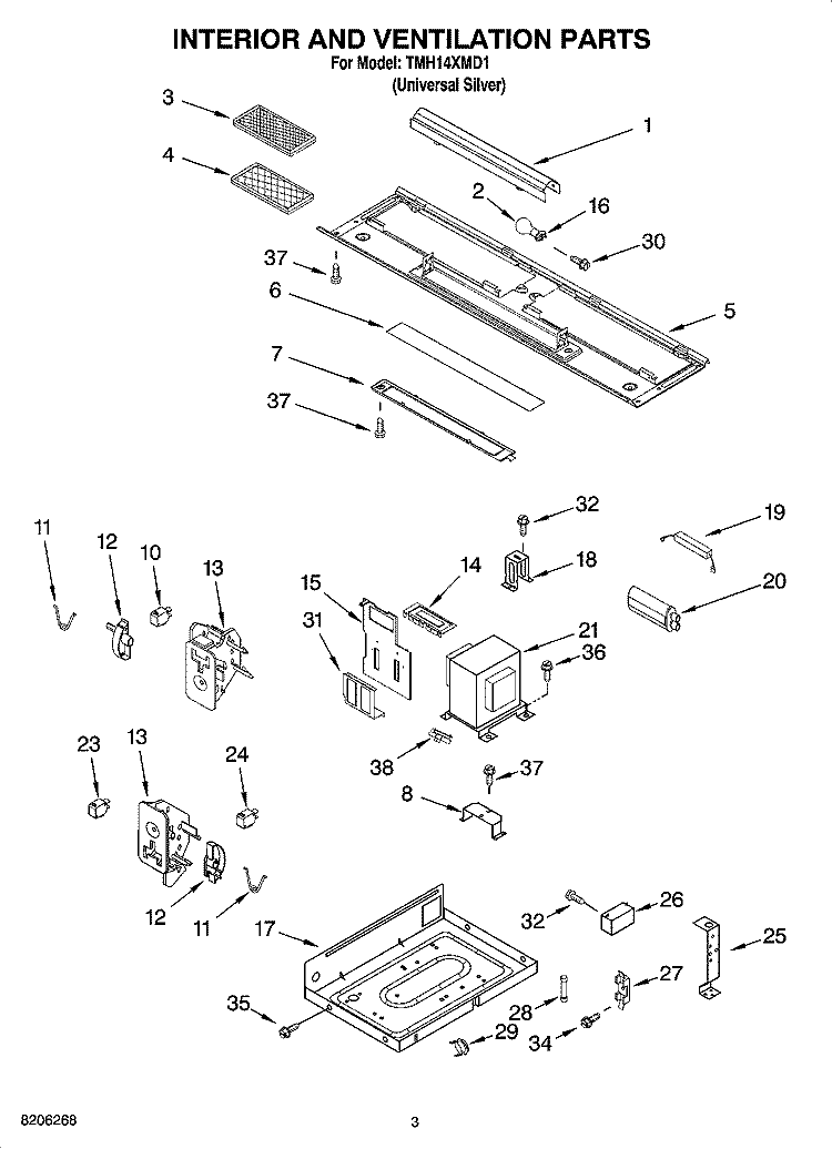 INTERIOR AND VENTILATION PARTS Diagram and Parts List for TMH14XMD1  Estate Microwave