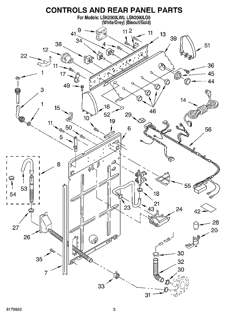 CONTROLS AND REAR PANEL Diagram and Parts List for LSN2000LG0  Whirlpool Washer