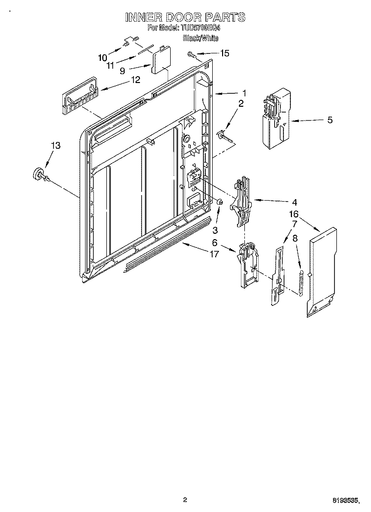 INNER DOOR Diagram and Parts List for TUD5700EQ4  Estate Dishwasher